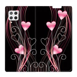 Housse Cuir Portefeuille Pour Samsung Galaxy A12 Coeur Rose Montant sur Noir