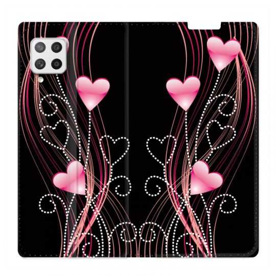 Housse Cuir Portefeuille Pour Samsung Galaxy A12 Coeur Rose Montant sur Noir