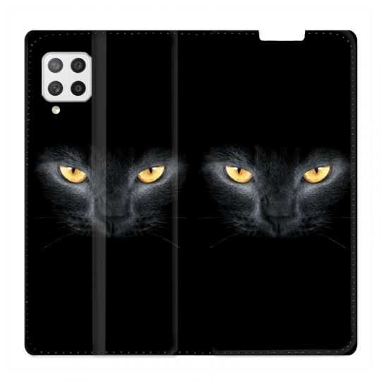 Housse Cuir Portefeuille Pour Samsung Galaxy A12 Chat Noir