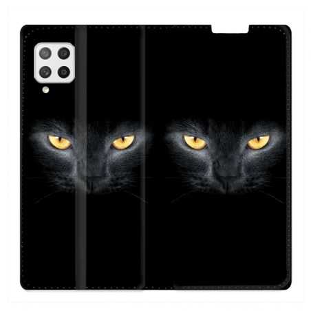 Housse Cuir Portefeuille Pour Samsung Galaxy A12 Chat Noir
