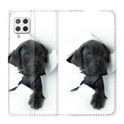 Housse Cuir Portefeuille Pour Samsung Galaxy A12 Chien Noir