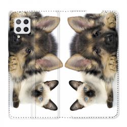 Housse Cuir Portefeuille Pour Samsung Galaxy A12 Chien vs Chat
