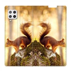 Housse Cuir Portefeuille Pour Samsung Galaxy A12 Ecureuil Bois