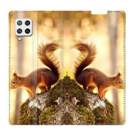 Housse Cuir Portefeuille Pour Samsung Galaxy A12 Ecureuil Bois