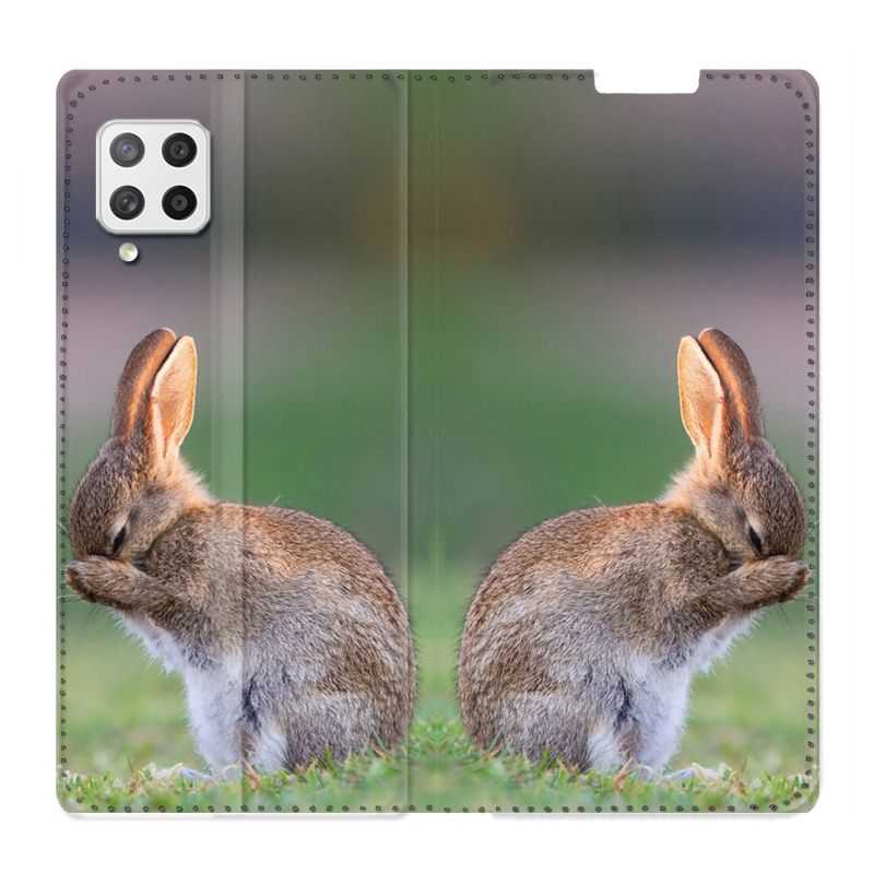 Housse Cuir Portefeuille Pour Samsung Galaxy A12 Lapin Marron