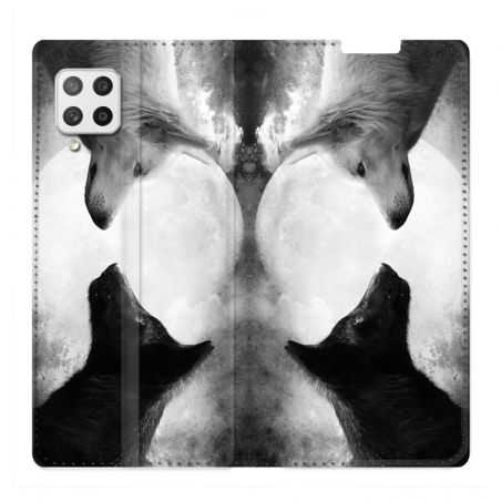 Housse Cuir Portefeuille Pour Samsung Galaxy A12 Loup Duo