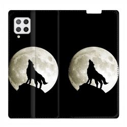 Housse Cuir Portefeuille Pour Samsung Galaxy A12 Loup Noir