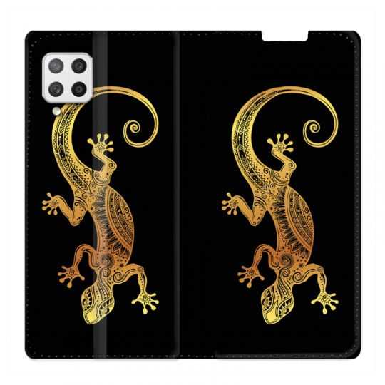 Housse Cuir Portefeuille Pour Samsung Galaxy A12 Animaux Maori Lezard Noir