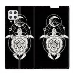 Housse Cuir Portefeuille Pour Samsung Galaxy A12 Animaux Maori Tortue Noir