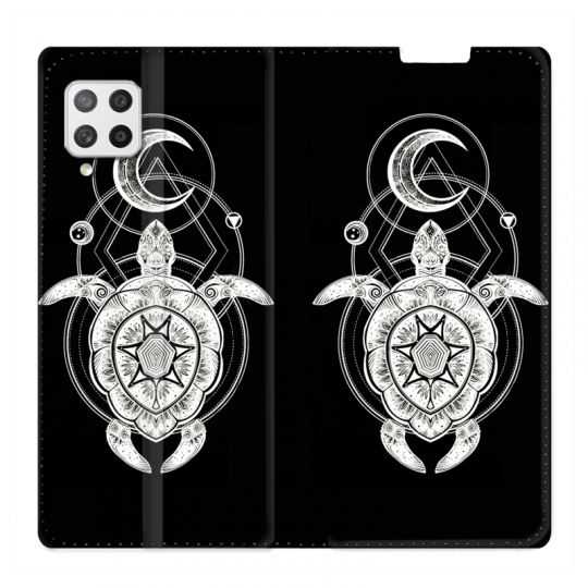 Housse Cuir Portefeuille Pour Samsung Galaxy A12 Animaux Maori Tortue Noir