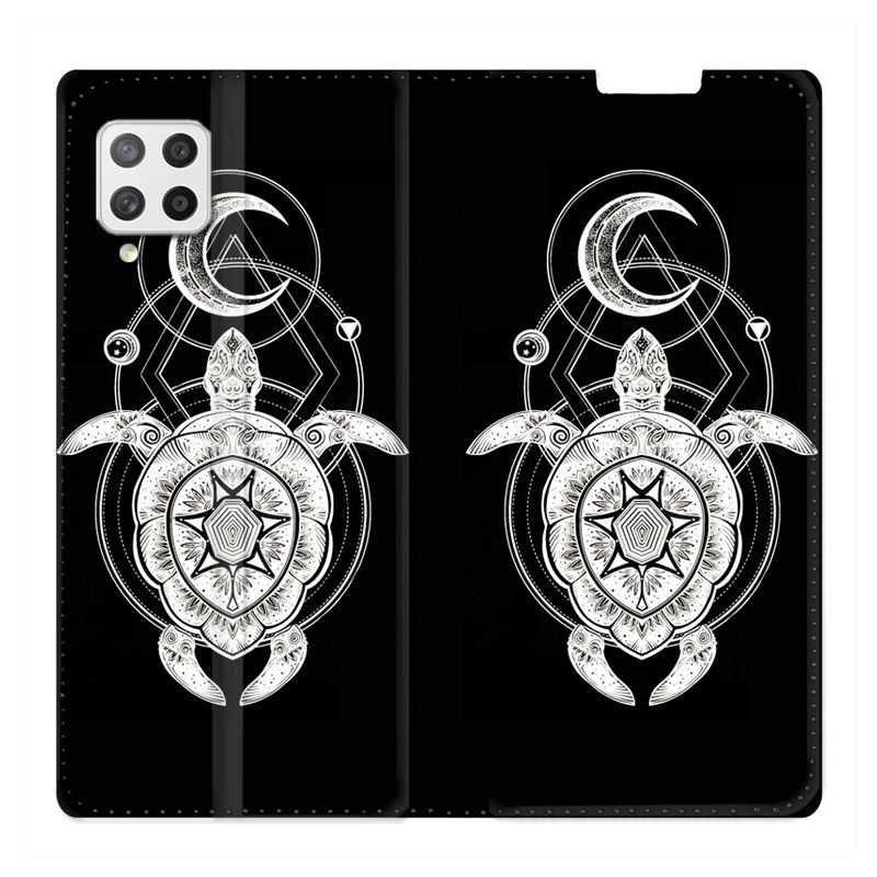 Housse Cuir Portefeuille Pour Samsung Galaxy A12 Animaux Maori Tortue Noir