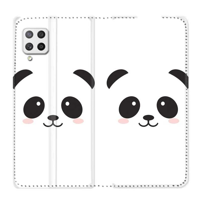 Housse Cuir Portefeuille Pour Samsung Galaxy A12 Panda Blanc