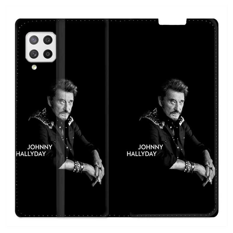 Housse Cuir Portefeuille Pour Samsung Galaxy A12 Johnny Hallyday Noir
