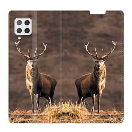 Housse Cuir Portefeuille Pour Samsung Galaxy A12 Chasse Chevreuil Blanc