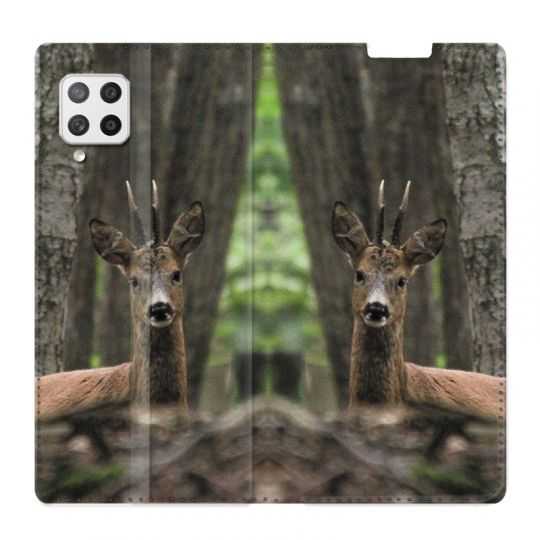 Housse Cuir Portefeuille Pour Samsung Galaxy A12 Chasse Chevreuil Bois