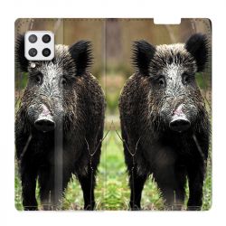 Housse Cuir Portefeuille Pour Samsung Galaxy A12 Chasse Sanglier bois