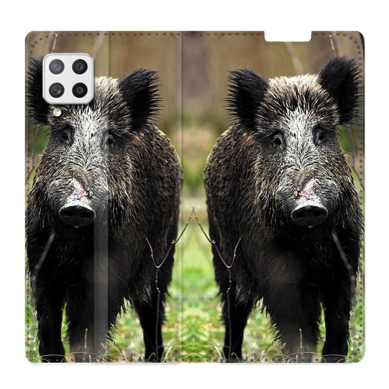 Housse Cuir Portefeuille Pour Samsung Galaxy A12 Chasse Sanglier bois