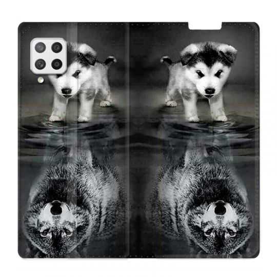 Housse Cuir Portefeuille Pour Samsung Galaxy A12 Chien Reflet