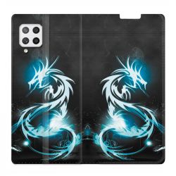 Housse Cuir Portefeuille Pour Samsung Galaxy A12 Dragon Bleu