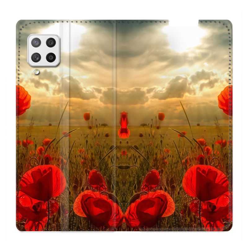 Housse Cuir Portefeuille Pour Samsung Galaxy A12 Fleur Coquelicot