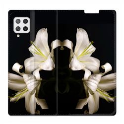 Housse Cuir Portefeuille Pour Samsung Galaxy A12 Fleur Lys Noir