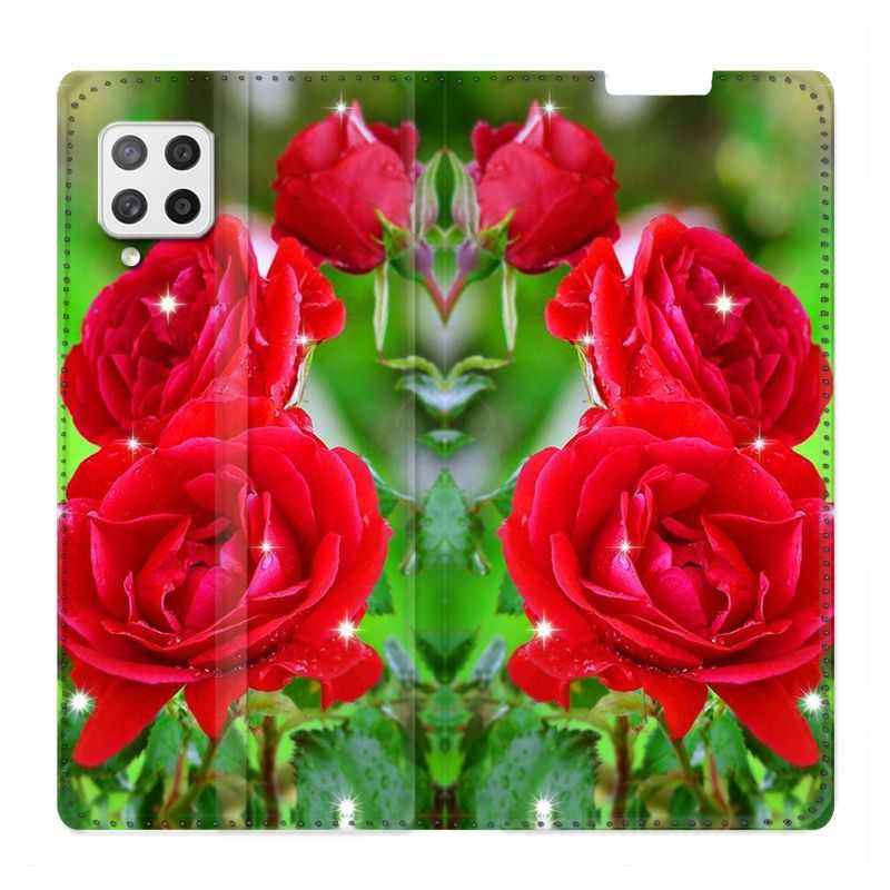 Housse Cuir Portefeuille Pour Samsung Galaxy A12 Fleur Rose Rouge