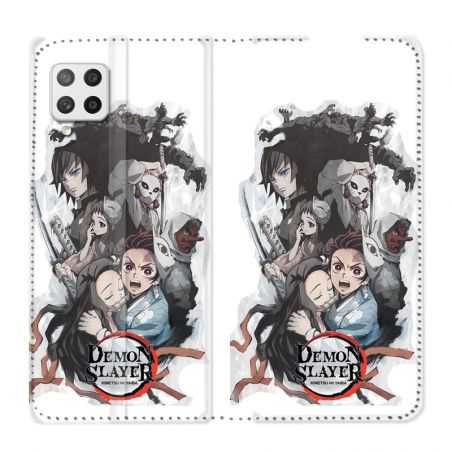 Housse Cuir Portefeuille Pour Samsung Galaxy A12 Manga Demon Slayer Blanc