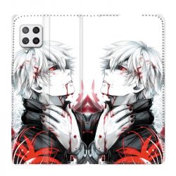 Housse Cuir Portefeuille Pour Samsung Galaxy A12 Manga Kaneki Blanc