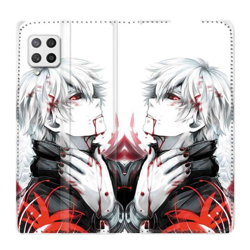 Housse Cuir Portefeuille Pour Samsung Galaxy A12 Manga Kaneki Blanc