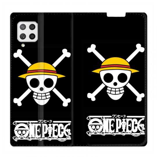 Housse Cuir Portefeuille Pour Samsung Galaxy A12 Manga One Piece Tete de Mort