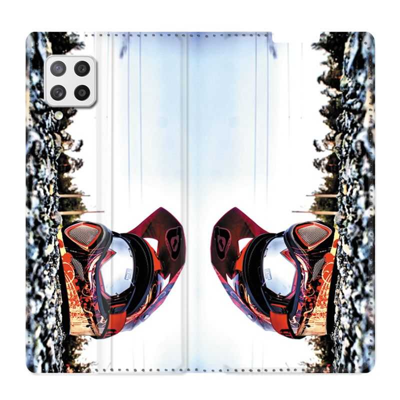 Housse Cuir Portefeuille Pour Samsung Galaxy A12 Moto Casque Cross