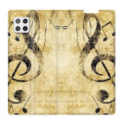 Housse Cuir Portefeuille Pour Samsung Galaxy A12 Musique Clé Sol Vintage