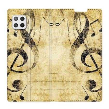 Housse Cuir Portefeuille Pour Samsung Galaxy A12 Musique Clé Sol Vintage