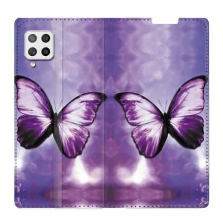 Housse Cuir Portefeuille Pour Samsung Galaxy A12 Papillon Violet et Blanc