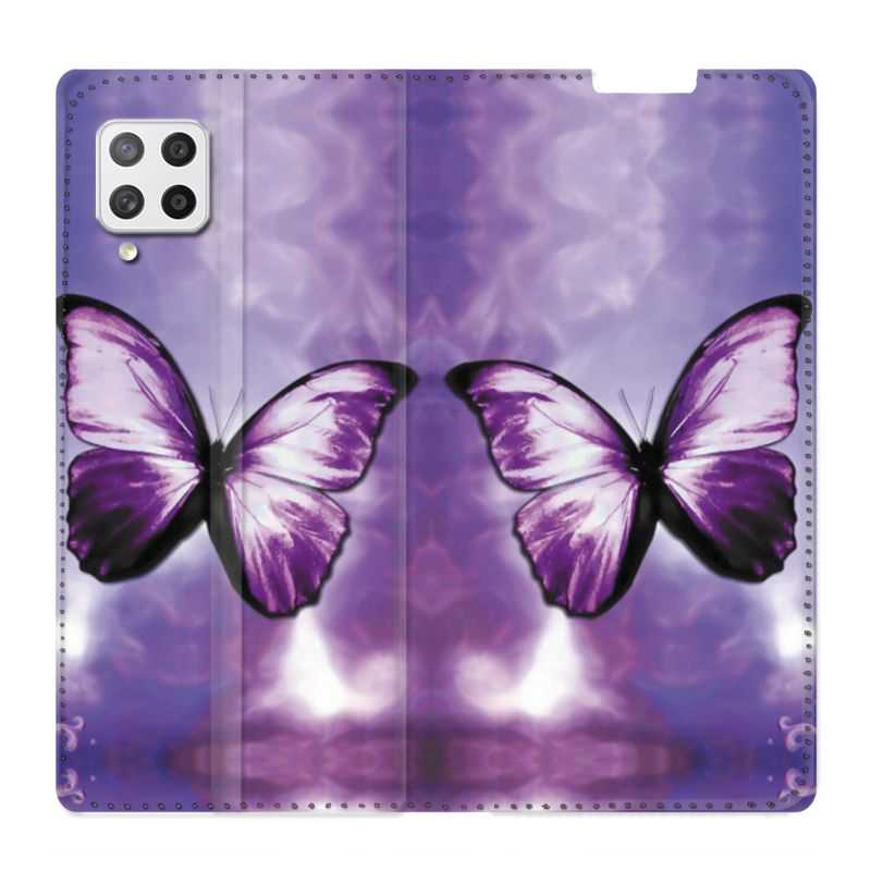 Housse Cuir Portefeuille Pour Samsung Galaxy A12 Papillon Violet et Blanc