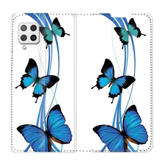 Housse Cuir Portefeuille Pour Samsung Galaxy A12 Papillon bleu sur Blanc