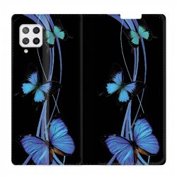 Housse Cuir Portefeuille Pour Samsung Galaxy A12 Papillon bleu sur Noir