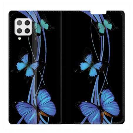 Housse Cuir Portefeuille Pour Samsung Galaxy A12 Papillon bleu sur Noir