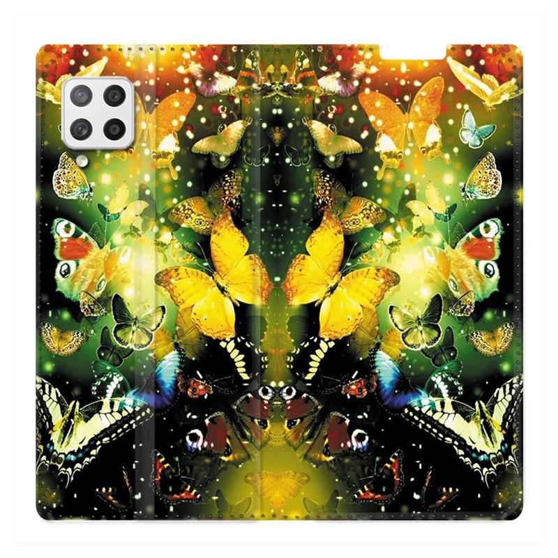 Housse Cuir Portefeuille Pour Samsung Galaxy A12 Papillon Jaune