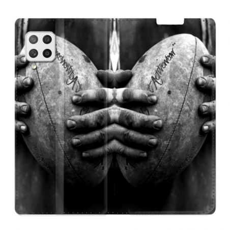 Housse Cuir Portefeuille Pour Samsung Galaxy A12 Rugby Ballon Vintage