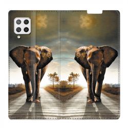 Housse Cuir Portefeuille Pour Samsung Galaxy A12 Savane Elephant Route