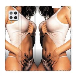 Housse Cuir Portefeuille Pour Samsung Galaxy A12 Sexy Tee Shirt Blanc