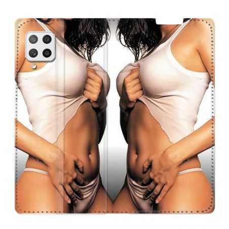 Housse Cuir Portefeuille Pour Samsung Galaxy A12 Sexy Tee Shirt Blanc