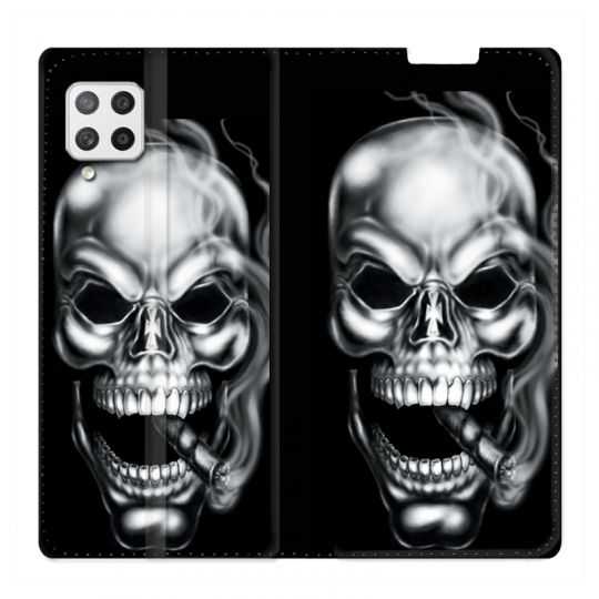 Housse Cuir Portefeuille Pour Samsung Galaxy A12 Tete de Mort Fume