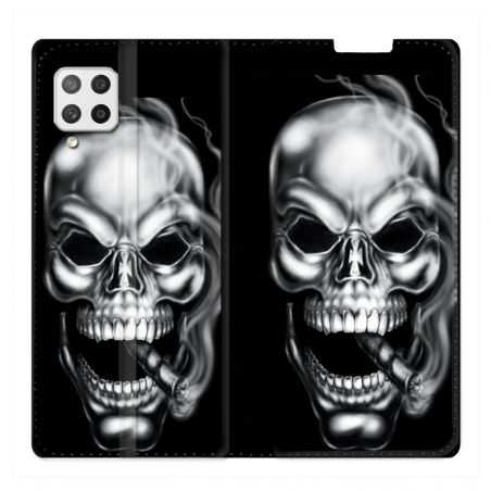 Housse Cuir Portefeuille Pour Samsung Galaxy A12 Tete de Mort Fume