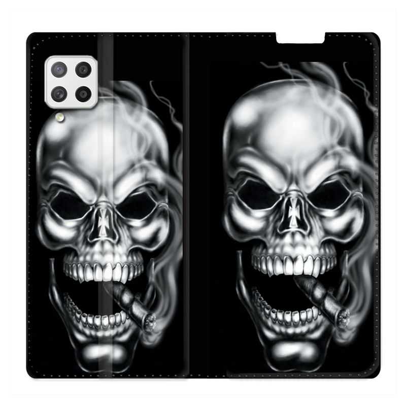 Housse Cuir Portefeuille Pour Samsung Galaxy A12 Tete de Mort Fume