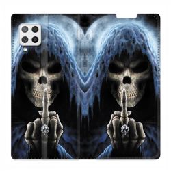 Housse Cuir Portefeuille Pour Samsung Galaxy A12 Tete de Mort Doigt