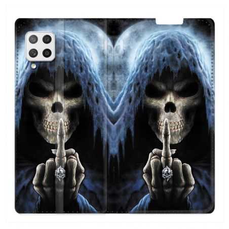 Housse Cuir Portefeuille Pour Samsung Galaxy A12 Tete de Mort Doigt