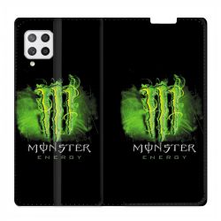Housse Cuir Portefeuille Pour Samsung Galaxy A12 Monster Energy Vert