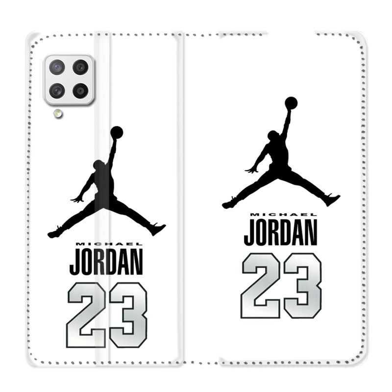 Housse Cuir Portefeuille Pour Samsung Galaxy A12 Jordan 23 Blanc